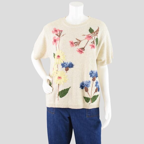 Y2K Short Sleeve Embroidered Floral Sweater Women’s Large - Picture 1 of 10